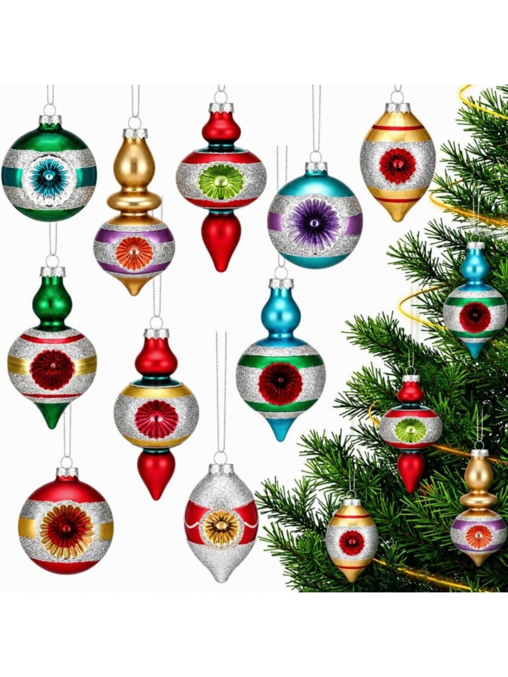 10 Vintage Glass Christmas Ornaments Set - Assorted Retro Holiday Decor